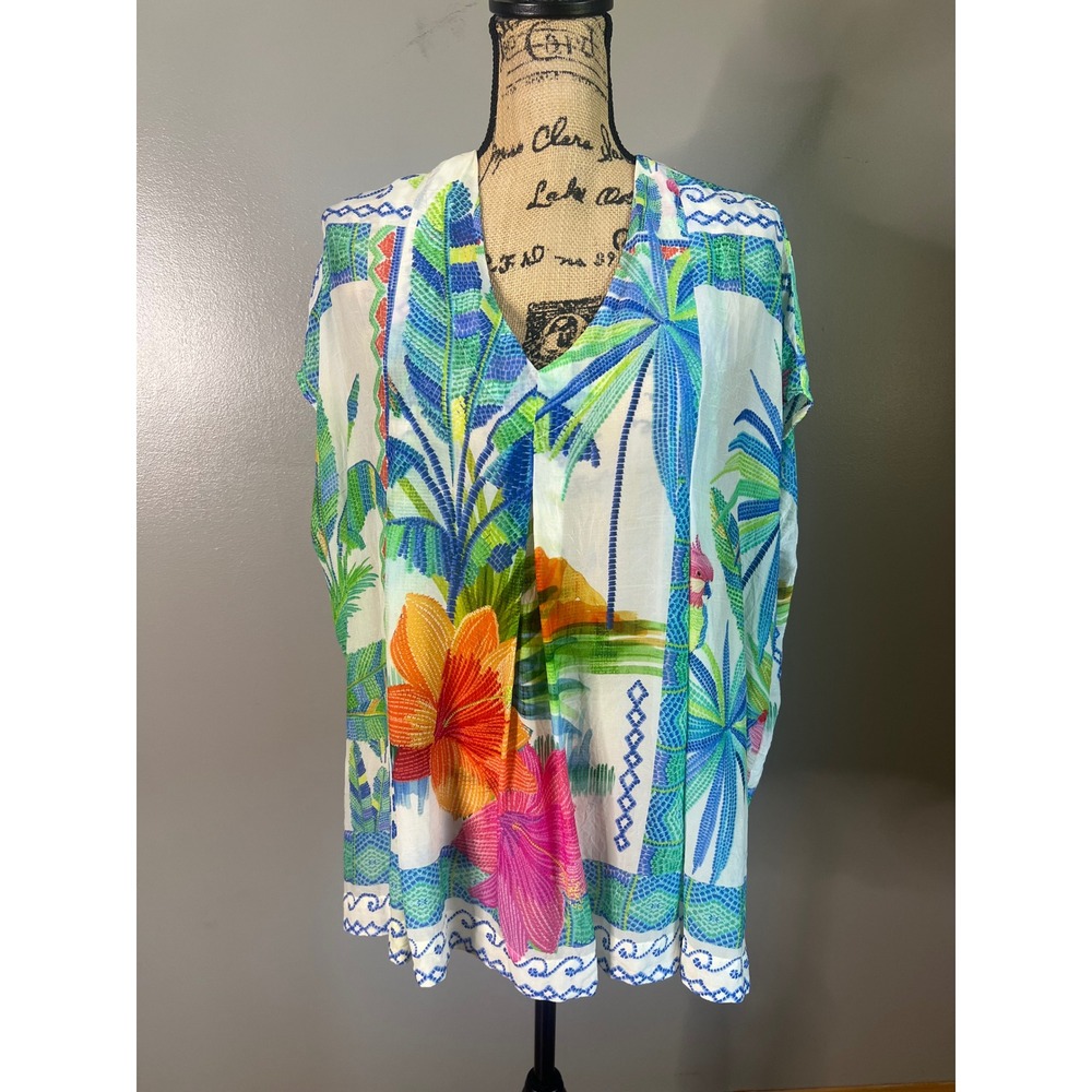 Johnny Was Hana Blouse vibrant floral print V-neckline travel vacation beach - Picture 9 of 10
